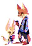  1980s 4_fingers alpha_channel anthro barefoot big_ears big_head brown_fur canine cellphone clothed clothing digital_media_(artwork) disney duo fennec finnick fox fully_clothed fur hand_in_pocket hi_res holding_object holding_phone hoodie jacket looking_down male mammal meatking nick_wilde orange_fur pants phone retro shirt simple_background size_difference tank_top toony torn_clothing transparent_background zootopia 
