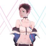  1boy bare_shoulders black_collar blue_jacket brown_hair cleavage collar collarbone darling_in_the_franxx green_eyes jacket jacket_pull male_focus mitsuru_(darling_in_the_franxx) navel one_eye_closed short_hair solo stomach 