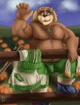  2018 anthro bear belly brown_fur bulge clothing eyewear fur glasses hat male mammal moobs nipples overweight overweight_male pants solo straw_hat tokyo_afterschool_summoners towel volos 