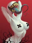  2018 ava_(ikiki) big_tongue breasts creepy digital_media_(artwork) eyeless female gradient_background hands_behind_head humanoid ikiki long_tongue monster monstrous_humanoid navel nightmare_fuel not_furry pose red_background sharp_teeth simple_background skinny smile solo teeth tongue white_skin 