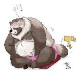  2018 anthro belly brown_fur canine clothing eyes_closed fur japanese_text male mammal moobs nipples overweight overweight_male shorts simple_background sitting solo tanuki text totemoii_029 white_background 