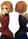  bangs black_bow black_skirt blue_eyes blue_skirt blue_sweater bow braid brown_gloves commentary_request dress_shirt dual_persona epaulettes facing_away from_side girls_und_panzer gloves hair_bow holding holding_teapot jacket kuzuno_ha lips long_sleeves looking_at_viewer military military_uniform miniskirt multiple_girls orange_pekoe parted_lips pleated_skirt red_jacket school_uniform shirt short_hair simple_background skirt st._gloriana's_military_uniform st._gloriana's_school_uniform standing sweater symmetry teapot tied_hair twin_braids uniform white_background white_shirt 