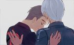  black_hair close-up closed_eyes eyelashes face facing_away fingernails futon_(katarosu) grey_background grey_hair hand_on_another's_back happy katsuki_yuuri male_focus multiple_boys profile short_hair simple_background smile upper_body viktor_nikiforov yaoi yuri!!!_on_ice 