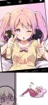  ;o bags_under_eyes bang_dream! bangs blonde_hair bow cellphone character_pillow chestnut_mouth clothes_writing collarbone commentary_request finger_gun foot_hold gloom_(expression) half_updo highres looking_at_viewer lying maruyama_aya michelle_(bang_dream!) multiple_girls notice_lines on_back one_eye_closed pants phone pink_bow pink_eyes pink_hair pointing pointing_at_viewer polka_dot polka_dot_shirt purple_eyes red_pants self_shot shaded_face shipii_(jigglypuff) shirasagi_chisato shirt shoes short_sleeves single_shoe smartphone spread_legs taking_picture trembling turn_pale twintails yellow_shirt 