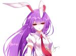  animal_ears artist_name blue_sash breasts bunny_ears eyebrows_visible_through_hair hair_between_eyes highres long_hair looking_at_viewer medium_breasts necktie open_mouth puffy_short_sleeves puffy_sleeves purple_hair red_eyes red_neckwear reisen_udongein_inaba sash sheya shirt short_sleeves signature simple_background solo touhou upper_body v-shaped_eyebrows white_background white_shirt wing_collar 