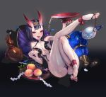  alcohol ankle_ribbon ass barefoot barefoot_sandals bob_cut breasts crossed_legs cup eyeshadow fate/grand_order fate_(series) feet food fruit full_body gourd headpiece highres horns leg_up lying makeup mhk_(mechamania) on_back oni oni_horns open_mouth partially_visible_vulva pear pillow purple_hair revealing_clothes ribbon sakazuki sake shiny shiny_hair shiny_skin short_eyebrows short_hair shuten_douji_(fate/grand_order) solo tongue tongue_out 