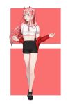  alternate_costume bangs black_shorts blush boots breasts candy casual darling_in_the_franxx food full_body green_eyes hairband highres horns jacket lollipop long_hair looking_to_the_side medium_breasts midriff open_mouth pink_hair ravenpulse red_horns red_jacket shirt shorts solo standing white_hairband white_shirt zero_two_(darling_in_the_franxx) 