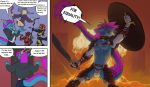  2015 anthro armor avian axe blue_skin bow bulge canine chryseus claws clothing comic cool_guys_don&#039;t_look_at_explosions dragon eastern_dragon explosion female flesh_whiskers fur greaves hair hat jockstrap male mammal melee_weapon nipples pauldron pheel poleyn purple_fur purple_hair shield solo staff teeth unconvincing_armor underwear vambraces weapon 