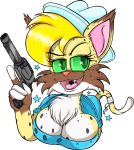  2018 anthro big_breasts big_ears blonde_hair bobcat breasts clothing cowboy_hat cute dixie_mae_carlisle_(character) feline female froggywithfries fur green_eyes gun hair hat hi_res looking_at_viewer lynx mammal open_mouth ranged_weapon redneck smile solo southern weapon yellow_fur 