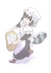  alternate_costume apron blue_eyes boots commentary_request common_raccoon_(kemono_friends) dress enmaided eyebrows_visible_through_hair from_above grey_hair kemono_friends korean_commentary laundry_basket long_dress maid maid_apron maid_cap multicolored_hair raccoon_tail roonhee short_hair short_sleeves solo tail victorian_maid 