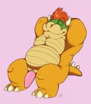  animal_genitalia anthro bowser erection eyes_closed genital_slit hair hehky koopa male mario_bros musclegut nintendo nude penis red_hair scalie signature simple_background slightly_chubby slit smile solo video_games 