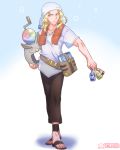  alternate_costume artist_name belt blonde_hair book bottle ellerean fire_emblem fire_emblem:_shin_monshou_no_nazo fire_emblem_heroes full_body green_eyes highres jewelry long_hair male_focus necklace sandals solo sparkle sting_chameleao syrup towel 