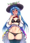  arm_under_breasts ass_visible_through_thighs bare_shoulders black_bra black_hat black_legwear black_panties blue_hair blue_skirt blush bow bow_panties bowtie bra breast_hold breasts cameltoe cowboy_shot ebi_193 food fruit groin hair_between_eyes hand_to_own_mouth hat head_tilt hinanawi_tenshi leaf lifted_by_self long_hair looking_at_viewer medium_breasts navel off_shoulder panties parted_lips peach petticoat red_bow red_eyes red_neckwear shirt simple_background skindentation skirt skirt_lift solo standing stomach thighhighs thighs touhou underwear very_long_hair white_background white_shirt 