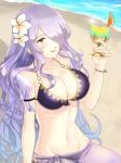  beach bikini breasts camilla_(fire_emblem_if) cleavage commentary_request cup day drinking_glass fire_emblem fire_emblem_heroes fire_emblem_if flower food fruit hair_flower hair_ornament hair_over_one_eye highres large_breasts long_hair nagisa_fe navel orange orange_slice purple_eyes purple_hair sand sarong solo swimsuit water 