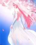  backless_dress backless_outfit bare_shoulders bird blurry blurry_background bridal_veil cherry_blossoms closed_eyes closed_mouth darling_in_the_franxx detached_sleeves dress from_behind highres long_hair mcdobo petals pink_hair red_horns smile solo standing strapless strapless_dress veil wedding_dress white_dress wind zero_two_(darling_in_the_franxx) 