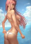  ass bikini birkai blue_sky breasts cloud cloudy_sky commentary_request cowboy_shot darling darling_in_the_franxx day eyebrows_visible_through_hair eyeshadow green_eyes hair_over_breasts highres large_breasts long_hair makeup ocean oni_horns outdoors pink_hair red_horns sideboob sky snowdreams_-lost_in_winter- straight_hair swimsuit white_bikini zero_two_(darling_in_the_franxx) 
