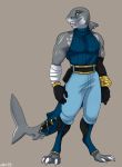 anthro bandage clothed clothing dbd facial_piercing fin fin_piercing fish furgonomics furry-specific_piercing grin lip_piercing looking_at_viewer male marine muscular muscular_male piercing scar shark sharp_teeth simple_background smile solo standing tail_clothing tail_warmer teeth 
