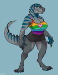  &lt;3 anthro big_breasts breasts clothed clothing dbd dinosaur female looking_at_viewer rainbow scalie simple_background solo standing theropod thick_thighs tyrannosaurus_rex 