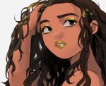  brown_eyes brown_hair close-up curly_hair dark_skin disney expressionless eyeshadow face gloves grey_background hand_in_hair lipstick long_hair looking_away looking_up makeup moana_(movie) moana_waialiki pano_(mohayayamai) simple_background solo upper_body yellow_lipstick 