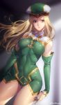  artist_name blonde_hair blue_eyes breasts closed_mouth commentary_request covered_navel covered_nipples detached_sleeves dress freya_(valkyrie_profile) green_dress hat highres legs long_hair looking_to_the_side medium_breasts mellowd short_dress skin_tight thighs valkyrie_profile 