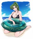  beach bikini black_bikini blue_sky breasts cloud commentary_request day fire_emblem fire_emblem:_rekka_no_ken green_eyes green_hair innertube long_hair lyndis_(fire_emblem) miku1201_fe ponytail sitting sky solo swimsuit water 