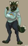  anthro big_breasts breasts bulge clothed clothing dbd dickgirl ear_piercing eyewear glasses hyena intersex looking_at_viewer mammal notched_ear piercing solo standing 