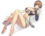  1girl abs bare_shoulders blade_&amp;_soul blue_eyes blush breasts brown_hair cleavage feet front-tie_top full_body highres huge_breasts large_breasts legs looking_at_viewer midriff momera short_hair skindentation solo sweat thighs toned 