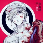  baseball_cap black_eyes blood bloody_clothes character_name closed_mouth gloves hair_over_one_eye hat hataraku_saibou jumpsuit lei_yaya looking_at_viewer male_focus red_background solo u-1146 white_blood_cell_(hataraku_saibou) white_gloves white_hair white_skin 