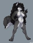  2018 anthro black_hair breasts brown_eyes canine dbd female fluffy fluffy_tail fur grey_fur hair inner_ear_fluff looking_at_viewer mammal nipples nude pussy simple_background smile solo standing tuft white_fur 