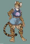  4_toes anthro breasts cheetah clothed clothing dbd denim_shorts ear_piercing feline female looking_at_viewer mammal piercing shorts simple_background solo standing thick_thighs toes whiskers 
