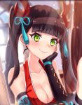  blush breasts cleavage elbow_gloves fingerless_gloves gloves green_eyes hair_ornament hand_on_own_face large_breasts mirror official_art phantom_of_the_kill reflection ribbon smile tonbokiri_(phantom_of_the_kill) twintails window 