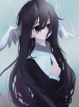  bangs black_eyes black_hair closed_mouth commentary_request eyebrows_visible_through_hair hair_between_eyes hand_on_own_chest head_wings highres long_hair long_sleeves looking_to_the_side migihidari_(puwako) original solo 