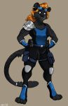  anthro athletic clothed clothing dbd eyewear feline female goggles hair hands_on_hips mammal simple_background smile solo standing whiskers 