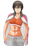  1girl abs brown_hair dark_skin glasses muscle muscular_female official_art saotome_senshu_hita_kakusu saotome_yae solo sports_bra stomach 