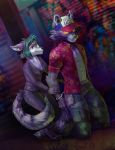  anthro canine clothed clothing duo female fox fur graffiti hair handcuffs hands_behind_back hat male mammal narico shackles smile standing 