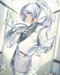  blue_neckwear bow bowtie copyright_name cowboy_shot formal gloves hair_between_eyes hand_up indoors long_hair official_art omc outstretched_hand ponytail smile standing suit watermark white white_gloves white_hair white_suit wreath yoshitatsu 