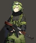  1boy ak-47 armband assault_rifle black_gloves black_scarf closed_mouth commentary fingerless_gloves gloves goggles goggles_on_head green_eyes green_hair green_pants grey_background gun hair_ribbon hayate_godspeed highres holding holding_gun holding_weapon iriam leg_strap looking_at_viewer male_focus misoni_comi pants pouch ribbon rifle scarf simple_background smile solo standing symbol_commentary vest weapon 