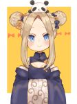  abigail_williams_(fate/grand_order) alternate_hairstyle animal animal_on_head bangs black_bow black_dress black_hat blue_eyes blush bow breasts bug butterfly china_dress chinese_clothes cleavage_cutout closed_mouth commentary_request detached_sleeves double_bun dress eyebrows_visible_through_hair fate/grand_order fate_(series) forehead hair_bow hair_up hands_in_opposite_sleeves hat highres insect light_brown_hair long_hair long_sleeves matsuda_(0yx38755230263c) object_hug on_head orange_bow panda panda_on_head parted_bangs side_bun sidelocks sleeveless sleeveless_dress sleeves_past_fingers sleeves_past_wrists small_breasts smile solo stuffed_animal stuffed_toy teddy_bear very_long_hair wide_sleeves 