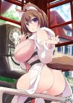  animal_ears ass blush breasts brown_hair commentary_request highres huge_breasts looking_at_viewer open_mouth original panties phone phone_booth purple_eyes short_hair solo tail thighhighs thong underwear yoshikawa_hideaki 