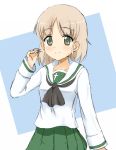  aki_(girls_und_panzer) alternate_costume black_neckwear collarbone eyebrows_visible_through_hair girls_und_panzer green_eyes hair_twirling looking_at_viewer ma-2_(konkon_kitakitsune) ooarai_school_uniform pleated_skirt school_uniform serafuku shirt short_hair silver_hair skirt smile solo standing white_shirt 