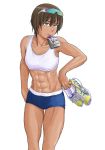  1girl abs brown_hair dark_skin glasses muscle muscular_female official_art saotome_senshu_hita_kakusu saotome_yae shorts solo sports_bra stomach tan tanned 