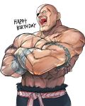  abs bald chest cleft_chin commentary_request crossed_arms eyepatch hand_wraps happy_birthday headband highres laughing male_focus mongkhon muscle no_pupils open_mouth sagat scar shirtless solo street_fighter street_fighter_v tetsu_(kimuchi) white_background 