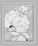  anthro bulge clothing feline flexing greyscale looking_at_viewer male mammal monochrome musclegut muscular muscular_male necrosquelch portrait smile solo underwear 