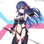  armpits blue_eyes blue_hair breasts choujigen_game_neptune cleavage commentary_request cosplay elbow_gloves falchion_(fire_emblem) fire_emblem fire_emblem:_kakusei gloves helvetica_5tandard highres iris_heart iris_heart_(cosplay) long_hair lucina medium_breasts navel neptune_(series) patreon_username revealing_clothes smile solo tiara 