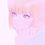  close-up closed_mouth eyebrows_visible_through_hair face head_on_hand ilya_kuvshinov lips original pink_background pink_hair red_eyes short_hair smile solo 
