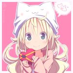  :3 ahoge animal_hat aqua_eyes bangs blonde_hair blush box cardigan cat cat_hat commentary_request hat heart-shaped_box holding kuro_(kuroneko_no_kanzume) long_hair long_sleeves looking_at_viewer original outline pink_background pink_cardigan simple_background sleeves_past_wrists smile solo spoken_animal twitter_username u_u upper_body uwu valentine white_outline 