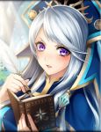  artist_request blue_dress blush book breasts dress frown gold_trim headdress holding holding_book long_hair looking_at_viewer official_art open_book open_mouth phantom_of_the_kill purple_eyes quill sefer_(phantom_of_the_kill) silver_hair solo tree 
