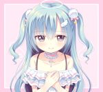  bangs blue_hair blush bow brown_eyes choker closed_mouth collarbone cross_choker drawn_wings dress eyebrows_visible_through_hair fingernails frilled_choker frills hair_between_eyes hair_bow hair_ornament halo hands_up latin_cross long_hair off-shoulder_dress off_shoulder original own_hands_together pink_choker pom_pom_(clothes) red_bow riria_(happy_strawberry) smile solo star two_side_up very_long_hair white_dress wing_hair_ornament 