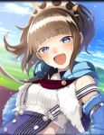  blue_cape blue_eyes blush brown_hair cape crown_hair_ornament dempagumi hairband highres official_art open_mouth phantom_of_the_kill pinky_(dempagumi) ponytail suspenders sweat 
