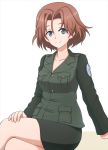  arm_support azumi_(girls_und_panzer) bangs black_jacket black_skirt brown_hair closed_mouth commentary crossed_legs emblem eyebrows_visible_through_hair girls_und_panzer hand_on_leg jacket long_sleeves looking_at_viewer military military_uniform miniskirt no_shirt omachi_(slabco) parted_bangs pencil_skirt selection_university_(emblem) selection_university_military_uniform short_hair sitting skirt smile solo uniform white_background 